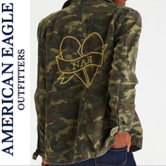 American Eagle AEO Green Camo Nah Embroidered Utility Jacket S - Picture 1 of 4